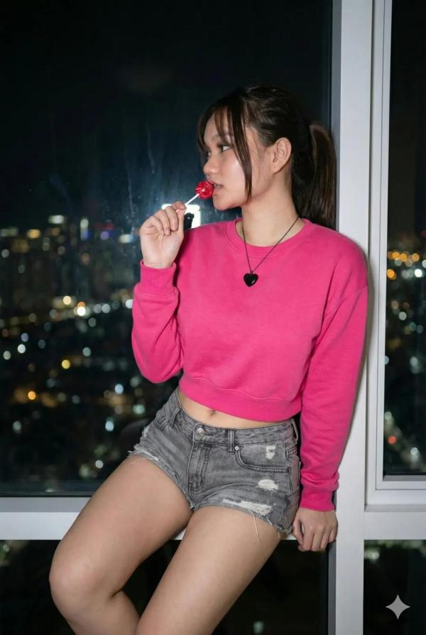 Hyper-realistic night photography. The subject is sitting casually...