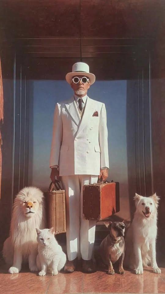 Anthropomorphic white cat lion eagle and dog dressed...