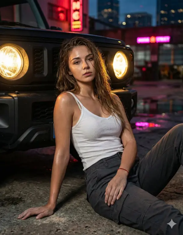 Nighttime industrial garage or urban lot...