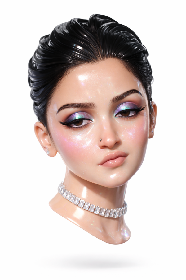 Create a hyper-stylized 3D floating head of a...